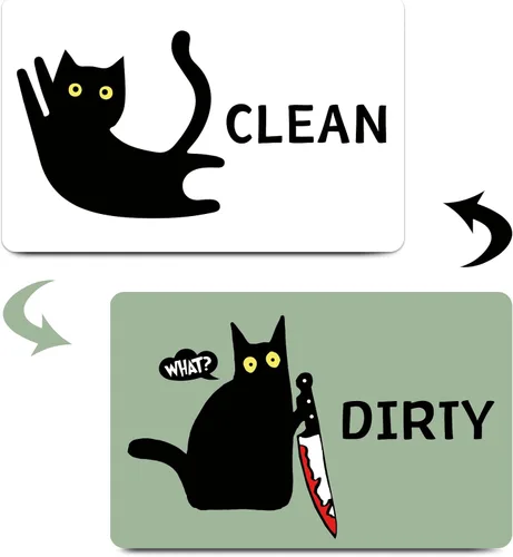 Vista 11 de Imán divertido de dibujos animados con diseño de gato limpio y sucio para lavavajillas, imán para lavadora, gato negro, nevera, limpio, sucio, doble