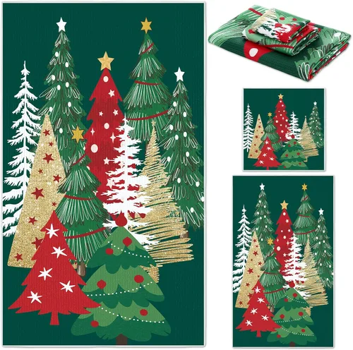 Vista 8 de Preboun Juego de 3 toallas de baño navideñas de gnomo, toallas de mano con árbol de Navidad, toallas de baño con copos de nieve de invierno, toallas