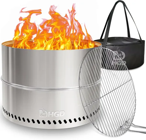 Vista 10 de HGD Chimenea sin humo de 20 pulgadas con parrilla, hoguera portátil de leña para acampar y patio trasero, chimenea de acero inoxidable al aire libre