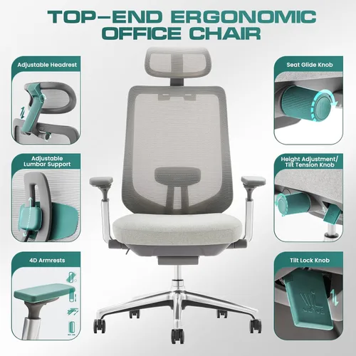 Vista 4 de COLAMY Silla de oficina ergonómica de malla, silla de escritorio ejecutiva de computadora con respaldo alto y reposacabezas ajustables y brazos 4D