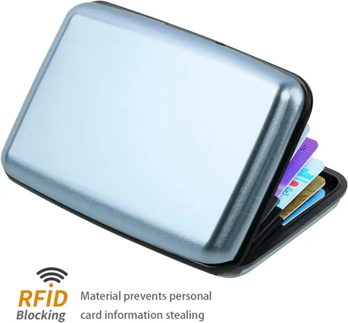 Vista 2 de Portatarjetas de crédito con bloqueo RFID, mini tarjetero delgado de aluminio duro para hombres o mujeres