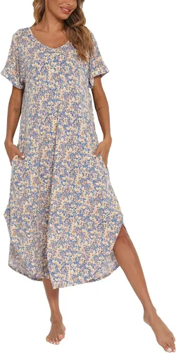Vista 9 de AVIIER - Camisones de algodón para mujer, ropa de dormir suave con bolsillos, tallas S a XXL Negro Floewer 4