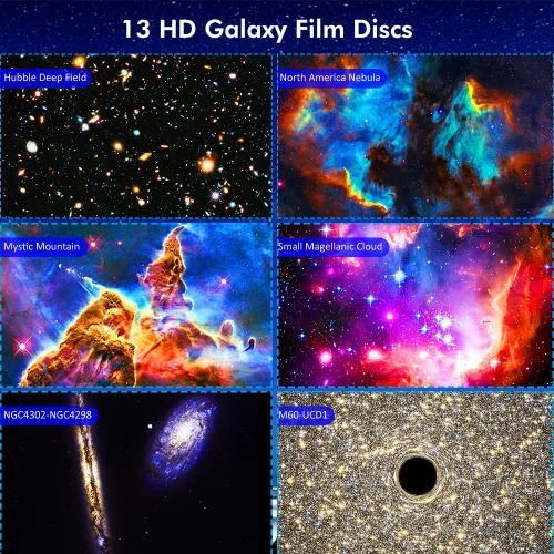 Vista 2 de Proyector de estrellas, proyector de planetario mejorado para dormitorio, proyector educativo de galaxia de audio con 13 discos Galaxy reemplazables