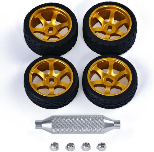 Vista 15 de Llantas de rueda de 6 radios y neumáticos de deriva de coche RC para 1/28 RC Hobby modelo, [2 estrechos+2 anchos] 4 llantas de aleación de aluminio