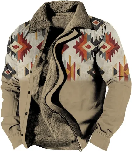 Vista 29 de LOAIHA Chaqueta de invierno para hombre, chaqueta azteca occidental para hombre, con cremallera, forro polar cálido, chaqueta vaquera, étnica vintage