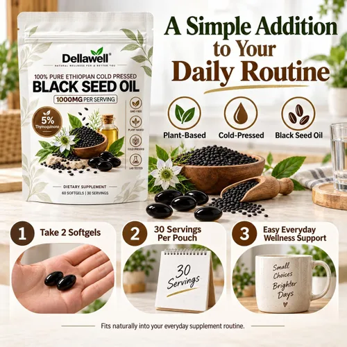 Vista 5 de Dellawell - Cápsulas blandas de aceite de semilla negra etíope, 1000 mg por porción, 5% timoquinona, suplemento de semillas negras prensadas
