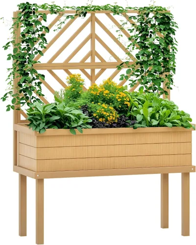 Vista 15 de Outsunny - Jardinera elevada de madera con estante de almacenamiento, orificios de drenaje y forro para el patio trasero, la terraza, el balcón, 47