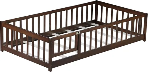 Vista 8 de Marco de cama Montessori de tamaño individual con rejillas, puerta y valla Valla Espresso