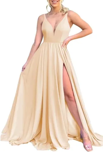 Vista 19 de Vestidos largos de dama de honor para mujer, con abertura, cuello en V, vestido de fiesta formal para boda