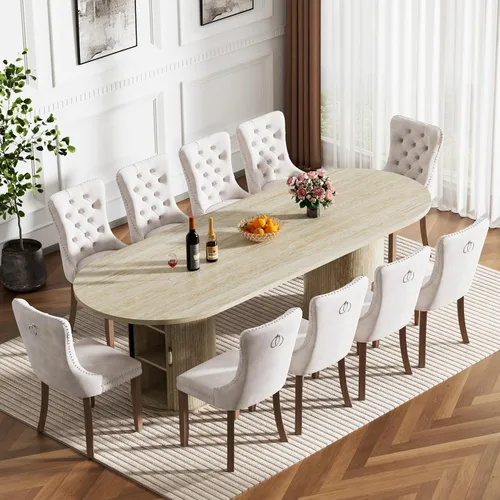 Vista 25 de Mesa de comedor redonda extensible con base de almacenamiento, mesa de comedor expandible natural de 63 a 94 pulgadas para 10 personas, mesa