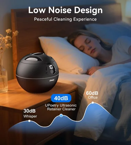 Vista 6 de Limpiador ultrasónico de retenedores, máquina limpiadora de retenedores de 45kHz con temporizador digital y 4 modos, cápsula de limpieza dental