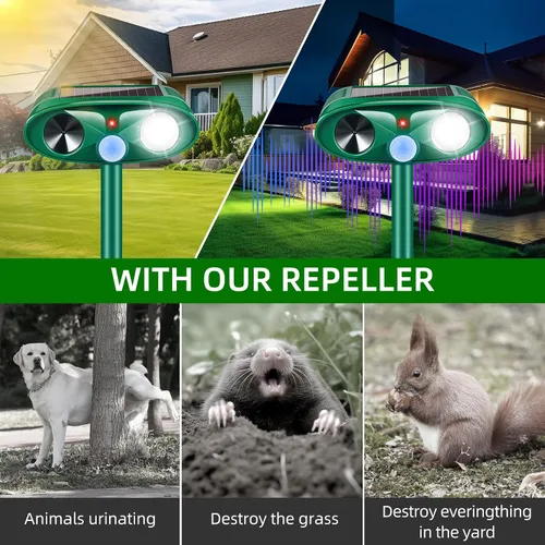 Vista 4 de Repelente solar ultrasónico de animales, repelente de animales activado por movimiento al aire libre, repelente de ciervos y gatos, IP65