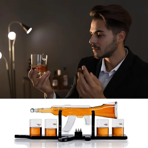 Vista 3 de Juego de decantador de whisky + 4 vasos de whisky en madera rica, bandeja de base de caoba clásica con piedras escalofriantes, dispensador de whisky