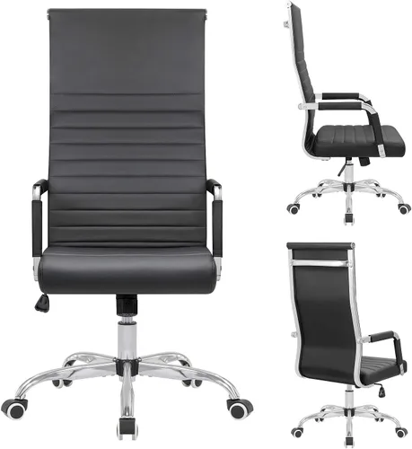 Vista 7 de Silla de oficina acanalada con respaldo alto, silla de escritorio de piel sintética, silla giratoria ajustable, silla de computadora