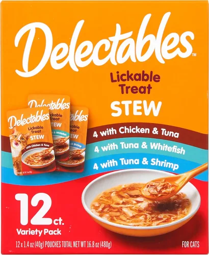 Vista 14 de Hartz Delectables Golosinas húmedas para lamer de estofado para gatos adultos y mayores, pollo y atún, 1.4 onzas (paquete de 12)