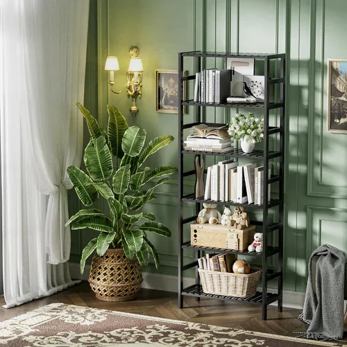 Vista 2 de HITNET Estantería de bambú, estantería abierta de 6 niveles con estantes ajustables, estante de almacenamiento de pie para sala de estar, baño, Negro