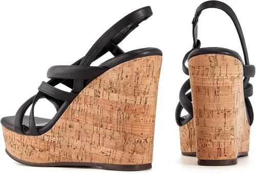 Vista 4 de Coutgo Sandalias de cuña para mujer con puntera abierta plataforma de corcho correa al tobillo zapatos elegantes de verano