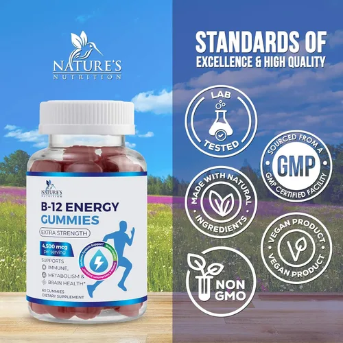 Vista 4 de Gomitas energéticas B12 – 4500 mcg de vitamina B12 por porción – Suplemento B12 masticable extra fuerte para energía, metabolismo y apoyo