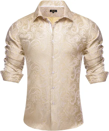 Vista 53 de DiBanGu Camisa de vestir de paisley de seda para hombre, formal, de manga larga, con cuello abotonado, camisas informales para fiesta de boda Negro