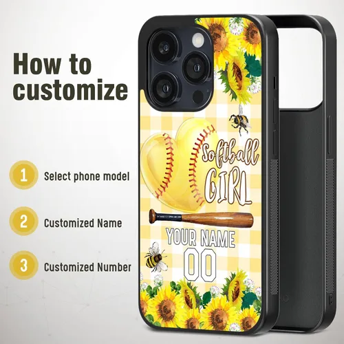 Vista 5 de Funda personalizada para teléfono con texto de Softbol en forma de corazón con girasol para iPhone 17 16 15 14 13 12 11 Pro Max Plus Mini Xs Xr 8
