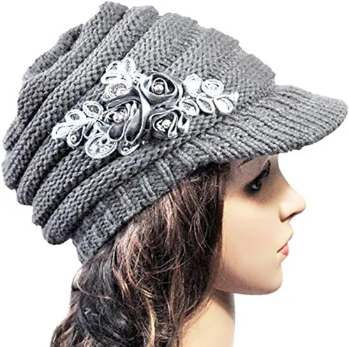 Vista 84 de C-US - Gorro de punto cálido para mujer, con visera de ganchillo con acento de flores