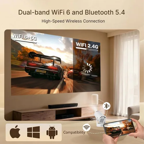 Vista 11 de Mini proyector con WiFi y Bluetooth, proyector portátil 4K con altavoz de 5 W, Keystone vertical automático y giratorio de 180°, proyector