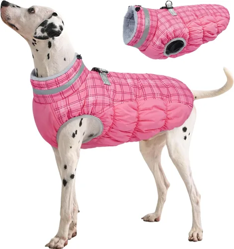 Vista 61 de Abrigo para perro, chaqueta cálida de invierno, acolchada, de vellón, chaleco reflectante con arnés, chaqueta de nieve impermeable con cremallera, a