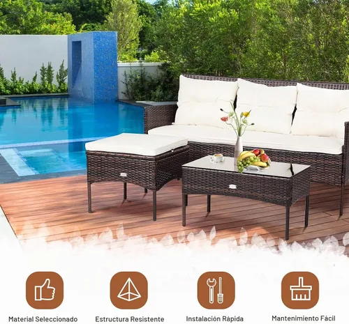 Vista 8 de RELAX4LIFE Juego seccional de muebles de patio de 3 piezas, conversación de mimbre de ratán con 5 cómodos cojines de asiento y respaldo, mesa
