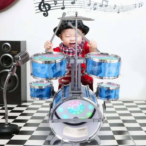 Vista 6 de Juego de batería para niños pequeños con kit de batería de 5 jazz y luces (controlado por vibración) y aleación, instrumentos musicales, juguetes