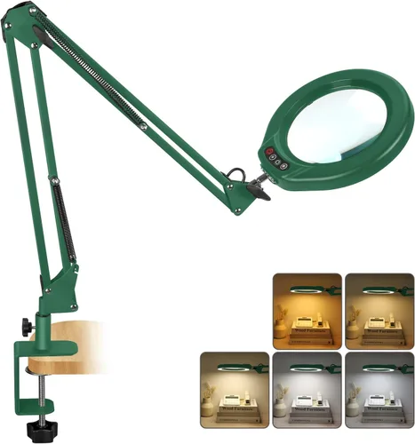 Vista 8 de VEEMAGNI Lupa grande de cristal real de 12 x 5 pulgadas con luz y soporte, 5 modos de color regulable, brazo giratorio largo LED abrazadera lámpara