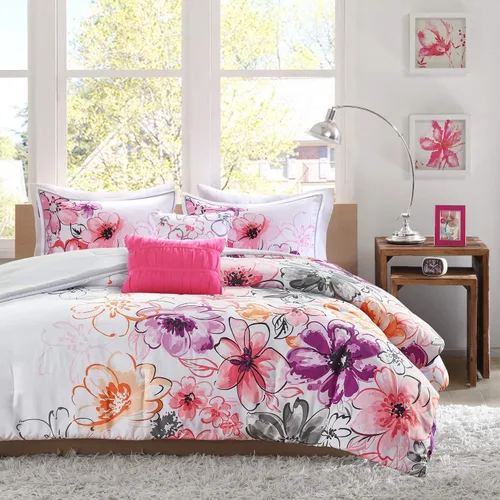 Vista 13 de Juego de edredón de Intelligent Design con diseño floral vibrante, ropa de cama para niñas, juego de funda de almohada combinada, almohada Floral