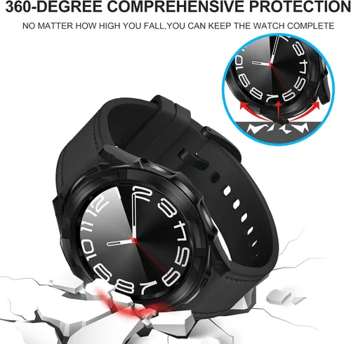 Vista 4 de Suoman Funda 3 en 1 para Samsung Galaxy Watch 6 Classic de 1.850 in, protector de pantalla de vidrio templado HD, cubierta protectora completa