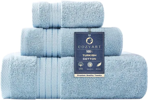 Vista 39 de COZYART - Juego de 6 toallas de baño de algodón turco, color azul claro, suaves, altamente absorbentes y duraderas, 19.17 oz/yd², incluye 2 toallas