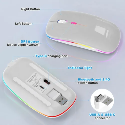 Vista 7 de Ratón inalámbrico LED Bluetooth para MacBook Air iPad Pro PC, mouse de computadora RGB recargable delgado con modo Jiggler, 3 modos BT 5.2 y 2.4G