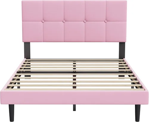 Vista 6 de Base de cama de plataforma de terciopelo de tamaño matrimonial con cabecera tapizada y soporte de listones resistentes, diseño con botones,