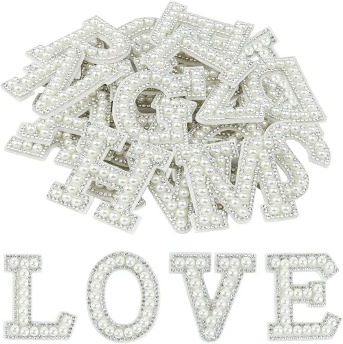 Vista 11 de Morcheiong 26 piezas de parches de letras con diamantes de imitación de perlas autoadhesivas A-Z, parches de letras de perlas para pegar en ropa
