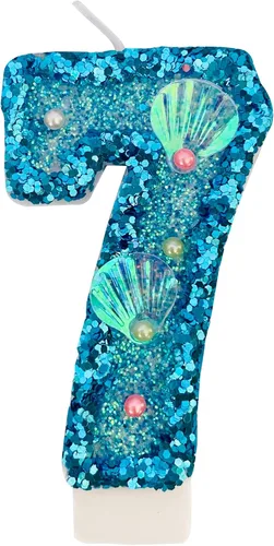 Vista 15 de Vela de número azul, velas de número con lentejuelas en forma de concha para pasteles de cumpleaños, suministros para fiestas con temática
