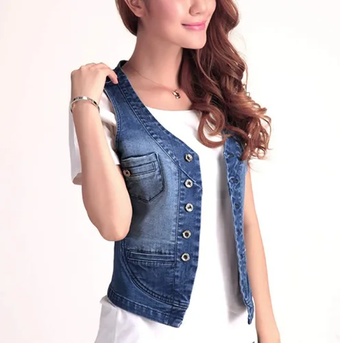 Vista 2 de Jade Hare Chaleco de mezclilla para mujer, chaquetas azules ajustadas, top corto, chaleco de mezclilla, sin mangas, ligero, para uso general