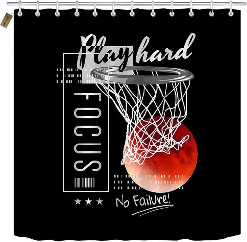 Vista 2 de Juego de 4 cortinas de ducha de baloncesto, citas inspiradoras positivas, decoración de baño deportivo, cortina de ducha negra de tela impermeable