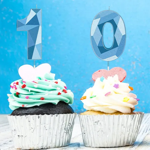 Vista 6 de Nuanchu Velas de cumpleaños número 10 en forma de diamante 3D Velas numerales para pastel de cumpleaños Decoración temática para horneado familiar