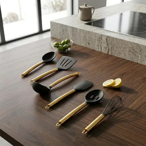 Vista 4 de ECHTWERK Juego de utensilios de cocina dorados de 7 piezas con asas de acero inoxidable y cabezales de silicona