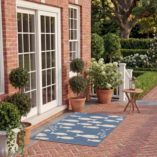 Vista 41 de SAFAVIEH Alfombra lavable para exteriores, colección Patio de 2.3 x 12 pies, color azul y beige, no desprende pelusa y fácil de limpiar, ideal