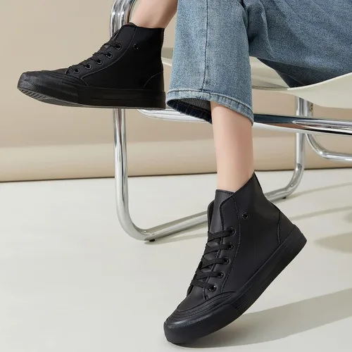 Vista 7 de Moudki Tenis altos de piel sintética para mujer, zapatos altos casuales en blanco y negro, zapatos deportivos de moda para mujer con cordones