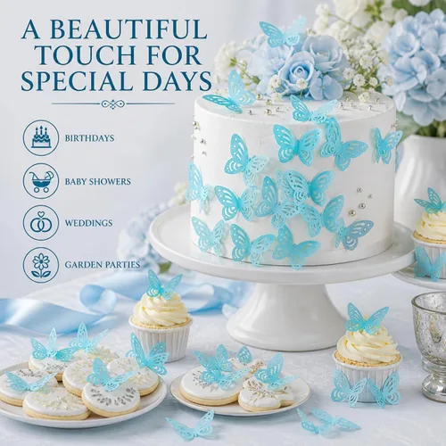 Vista 7 de 60 piezas de papel comestible azul con diseño de mariposas Mariposas azules 60 piezas