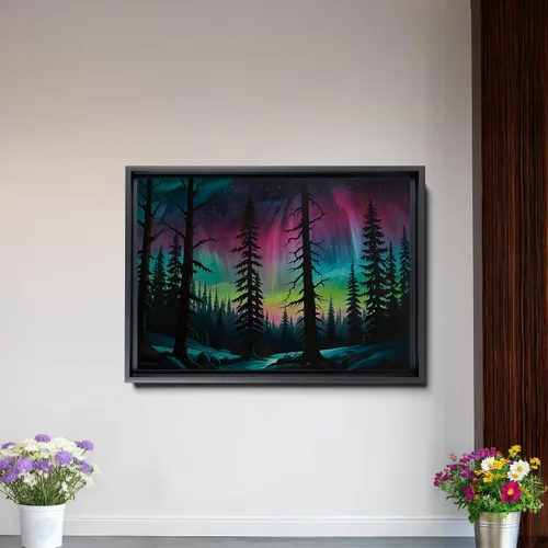 Vista 2 de Aurora Borealis, Northern Lights Art, framed canvas print, snow capped mountain landscape art, synthwave vaporwave, Decor Canvas, Decor