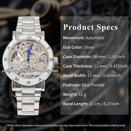Vista 7 de Gute IK - Reloj automático para mujer, Steampunk con cuerda automática, pulsera plateada mecánica