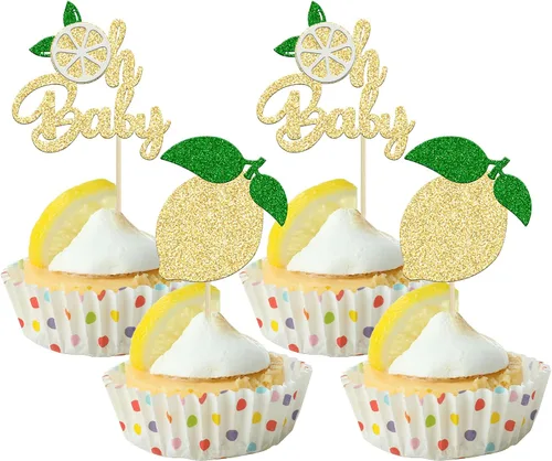 Vista 9 de 24 piezas de decoración de cupcakes con purpurina de fresa Oh Baby con temática de frutas, baby shower, para revelación de género, baby shower