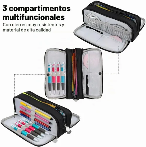 Vista 4 de Chelory Estuche para lápices de gran capacidad, bolsa de almacenamiento grande, bolsa de lápices de 3 compartimentos para papelería, estuche