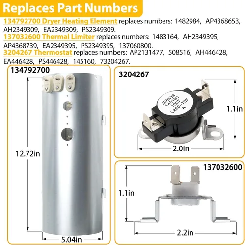 Vista 3 de Elemento calefactor de secadora 134792700, limitador térmico 137032600 y termostato 3204267 de SupHomie compatible con secadores Electrolux