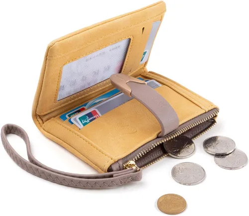 Vista 6 de Carteras para mujer, Rfid, pequeña, compacta, plegable, corta, con cremallera, monedero